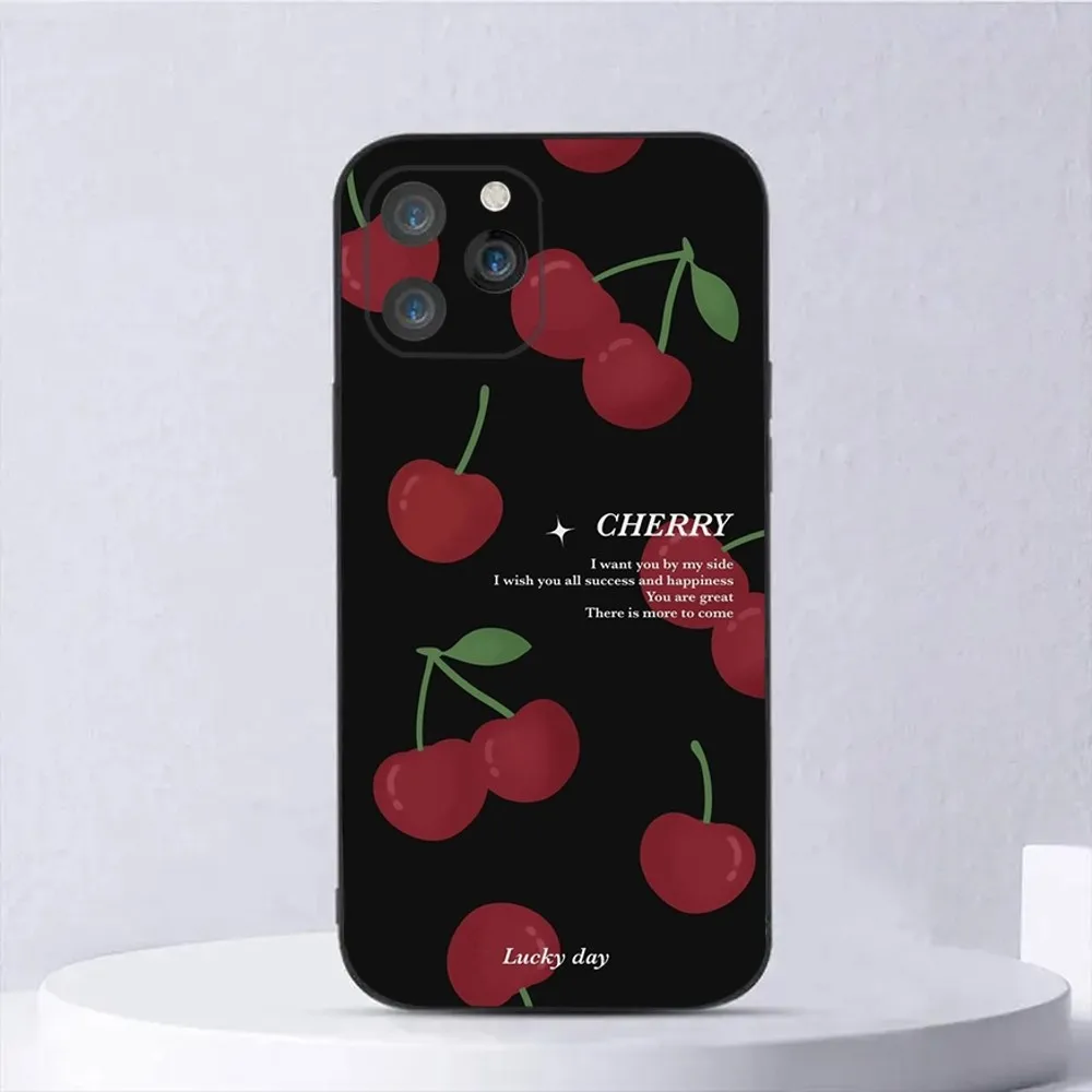 Red Cherry Fruit Phone Case For iPhone 15,14,13,12,11,Plus,Pro Max,XS,X,XR,SE,Mini,8,7 Soft Silicone Black Cover