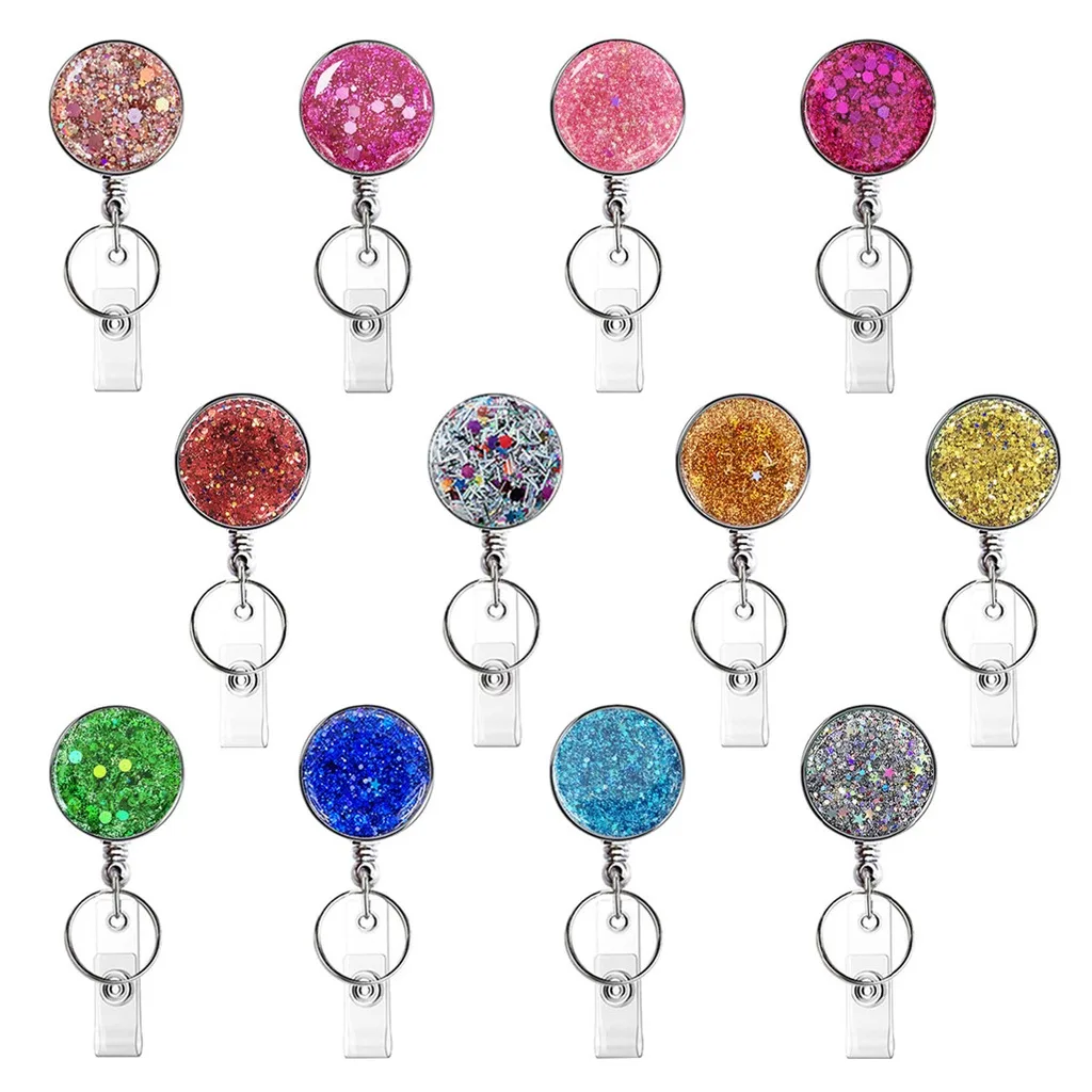 Retractable Badge Holder Sequin Glitter Badge Reel Retractable Name Card Clip Sturdy Id Badge Holder For Campus Work Badges