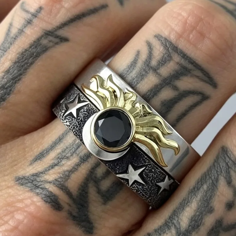 

Two tone men's and women's rings punk style geometric star and moon jewelry
