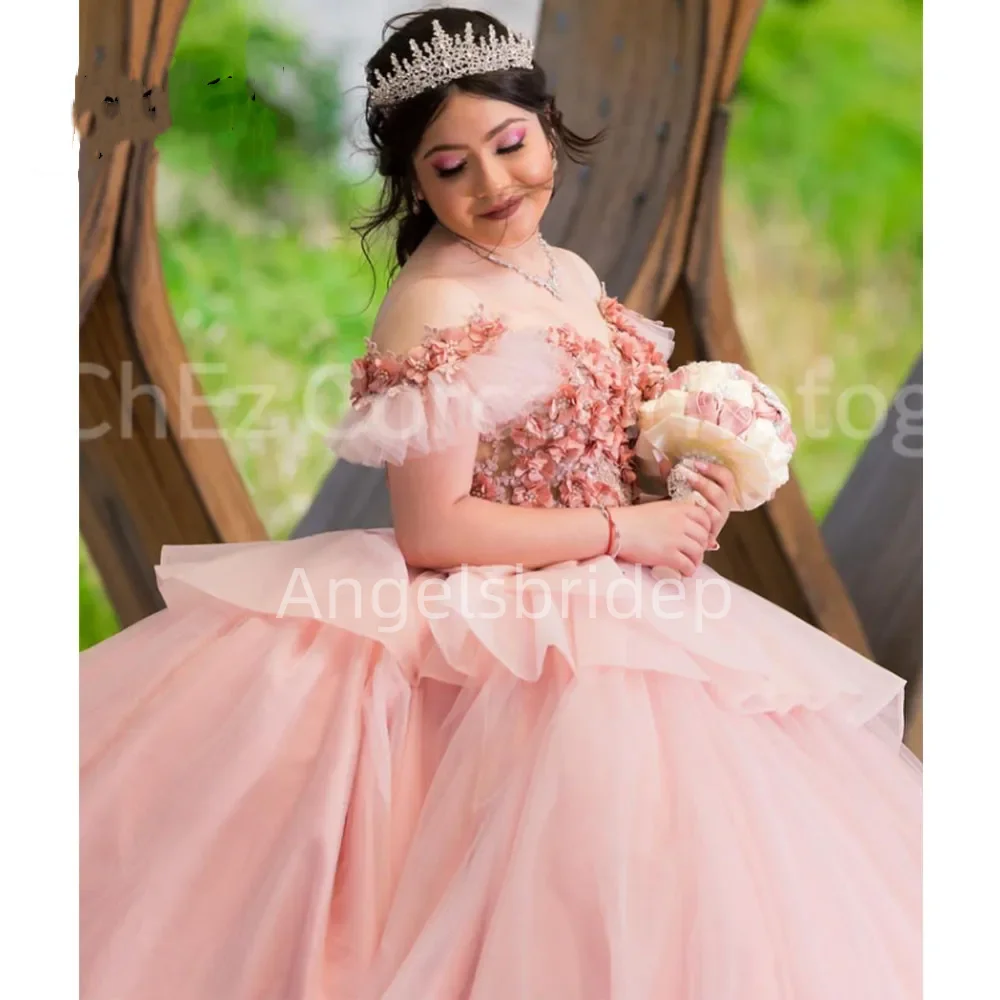 Angelsbride Pink Quinceanera Dresses Ball Gown Off The Shoulder 3D Appliques Puffy Mexican Vestidos De Quinceañera