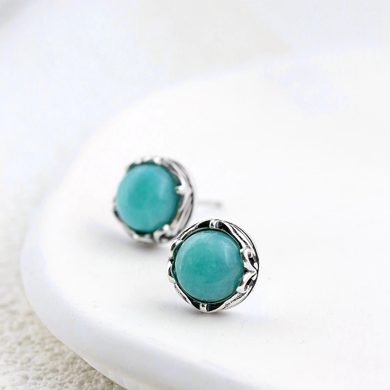 

Authentic 925 Sterling Silver Earring Inlaid Natural Amazonite Retro National Style Antique Silver Lady Earring Jewelry Gift
