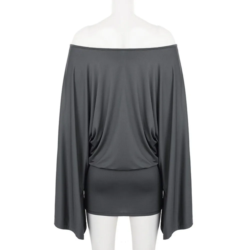 달콤한 섹시한 바디콘 드레스 슬림핏 심플한 오프숄더 드레스 긴 소매 그레이 배트윙 슬리브 드레스 파티 클럽웨어