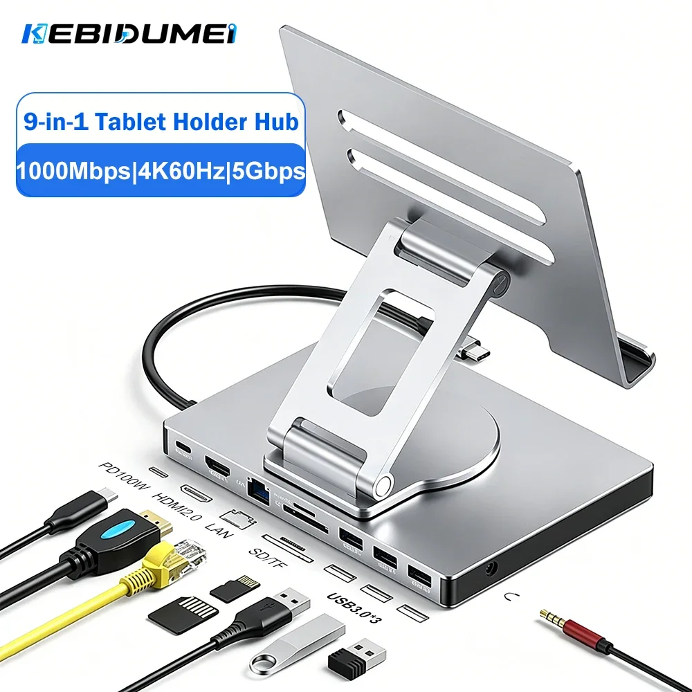 KEBIDUMEI 9-in-1 Tablet Holder Hub USB Docking Station Type C to HDMI2.0 4K60Hz 3*USB3.0 5Gbps RJ45 1000Mbps PD100W for Laptop