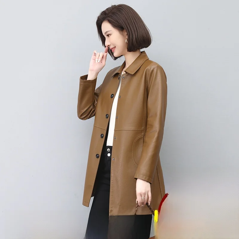 

Кожаная куртка из овчины для женщин, средней длины, приталенная, черная, верхняя одежда, весна-осень, новая модель Sle Haifeng, ветровка для города