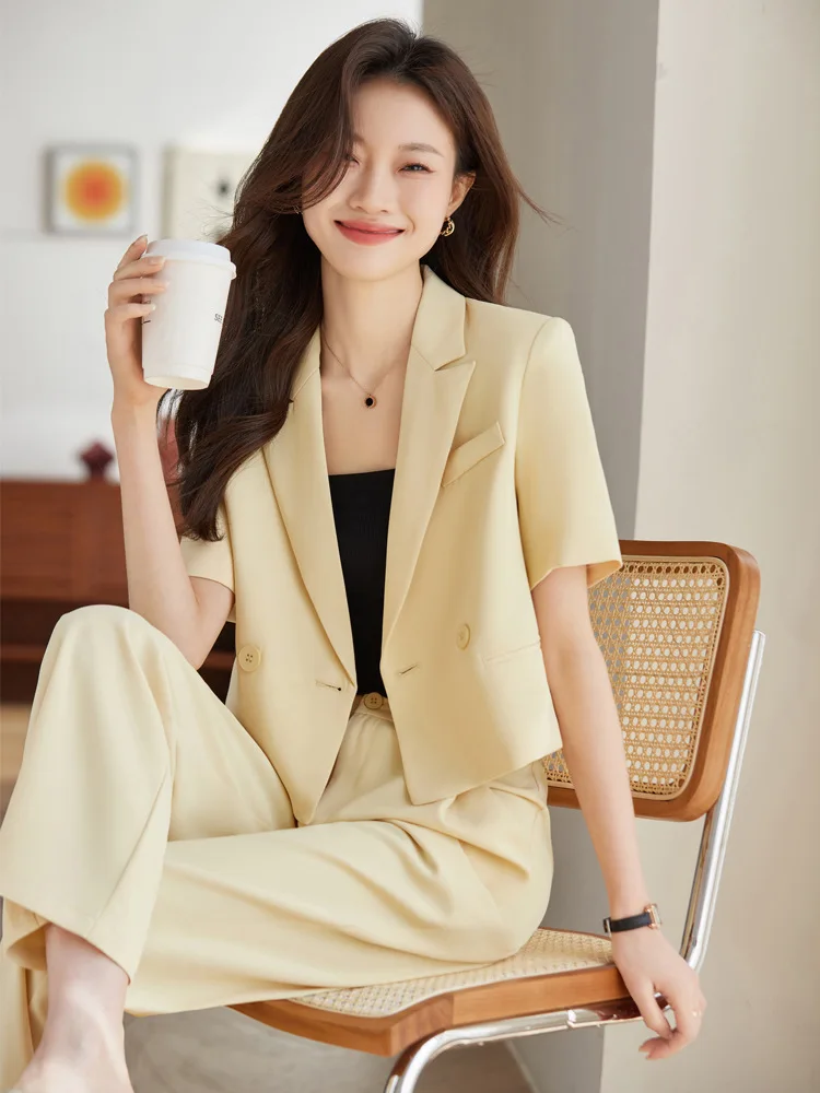 

Gray casual suit for women, summer thin style2025New short suit and wide-leg pants two-piece set for petite individuals