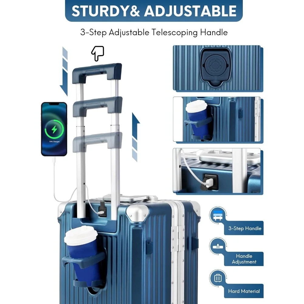 Walizka aluminiowa 20'' w kolorze niebieskim, bez zamka, z dzielonym otworem 3/7, o większej pojemności, 22x14x9, zatwierdzona przez linie lotnicze jako bagaż podręczny.