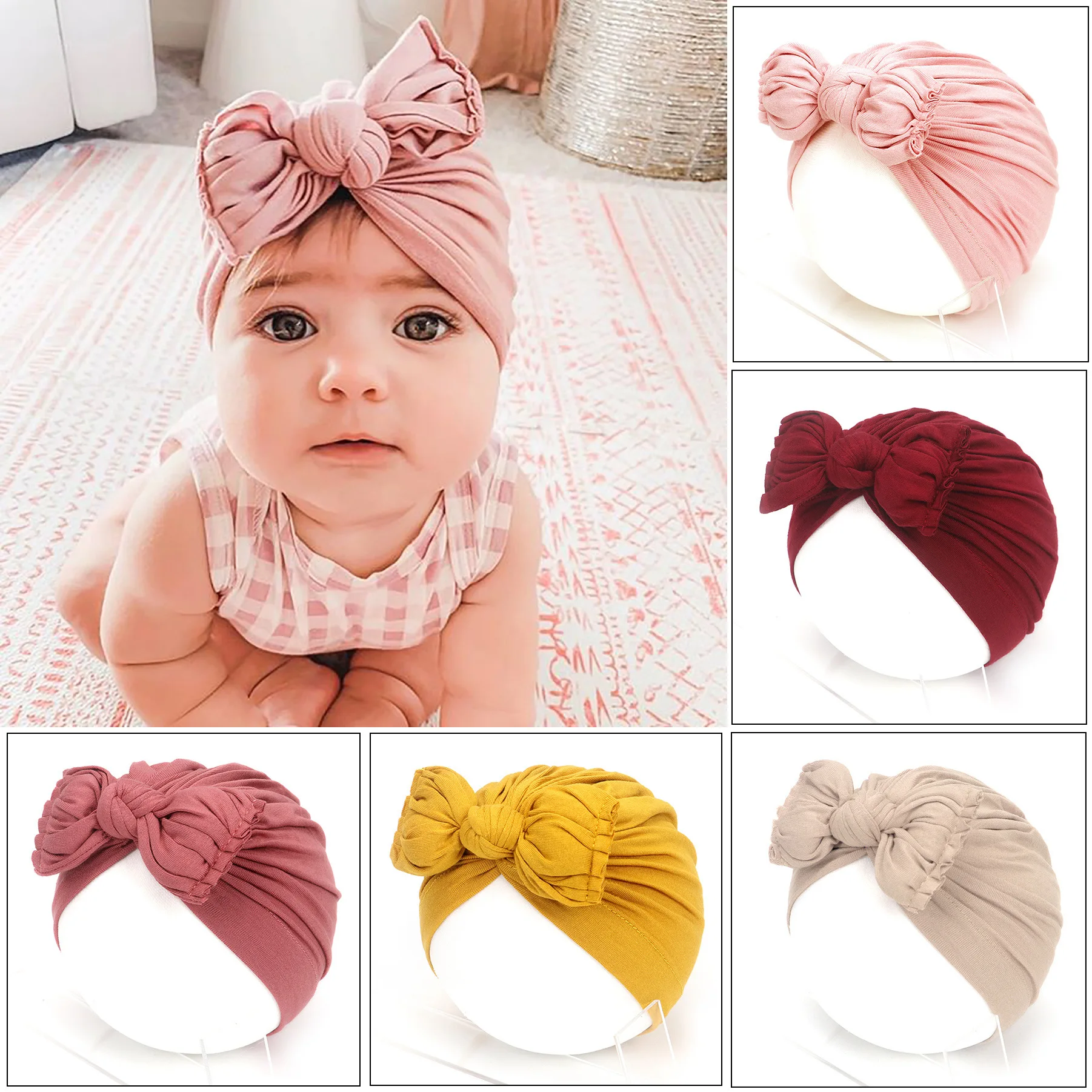 Baby Turban Hats Baby Girls Boys Hat Solid Color Bow Knotted Hats Newborn Fetal Cap Headband Kids Headwear Hair Band Accessories