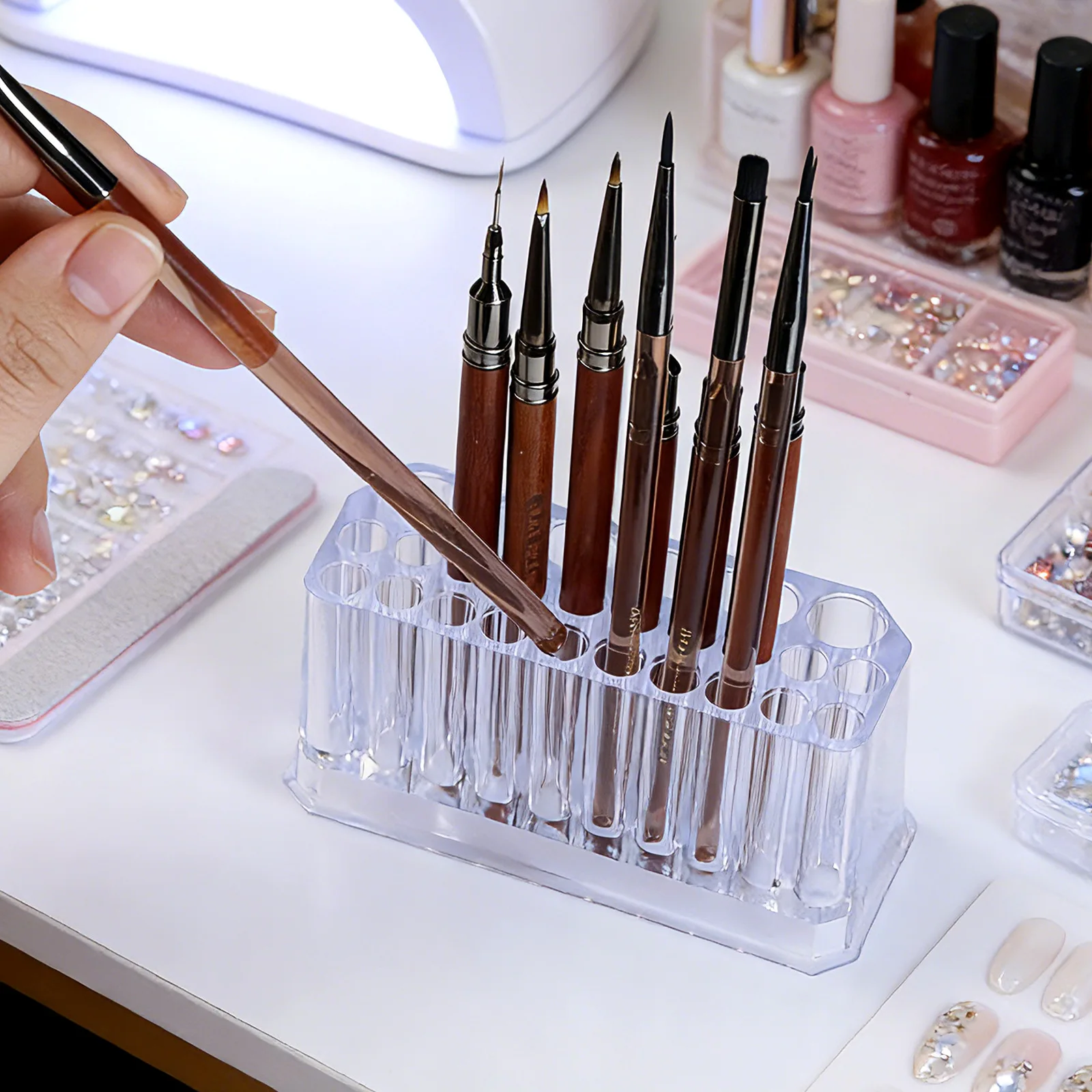 

26 Holes Acrylic Nail Brushes Organizer Nail Art Kit Storage Tools Makeup Cosmetics Pen Display Case Holder Holder Showing Shelf
