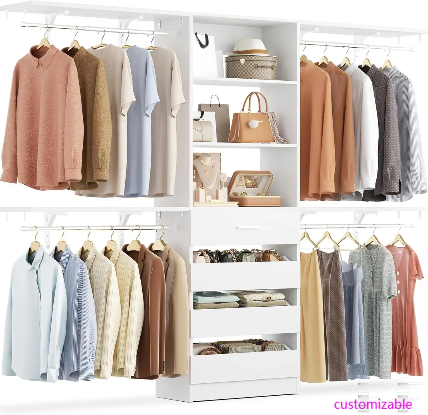 8FT Wood Closet Organizer With 4 Drawers, 96'' Built-In System Tower With Shelves, Walk-in Wardrobe Clothes Garment Rack