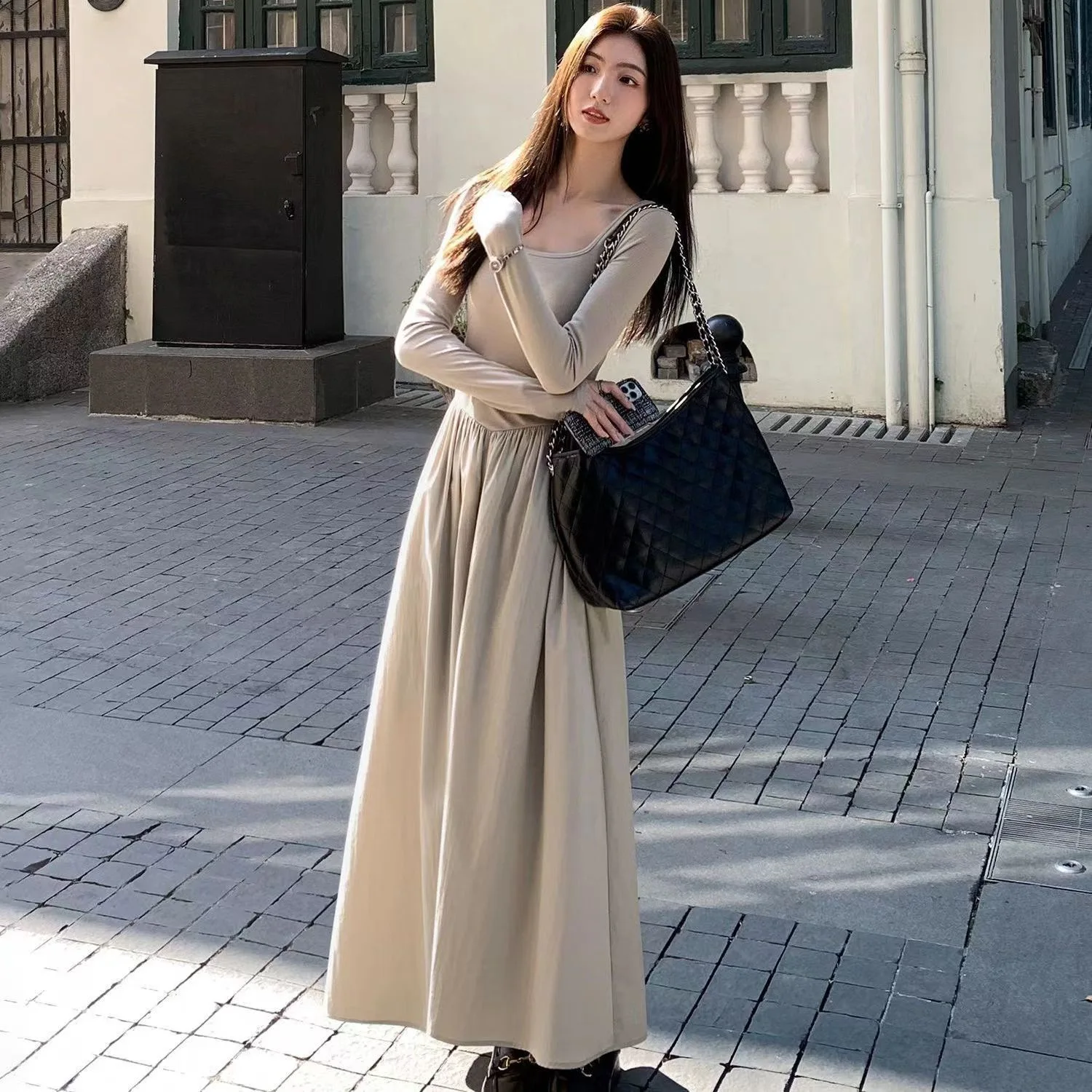 

Simple Solid Color Square Neck Long-sleeved Dress for Women's 2025 Spring Autumn Waist and Thin Long Temperament A-shaped Skirt