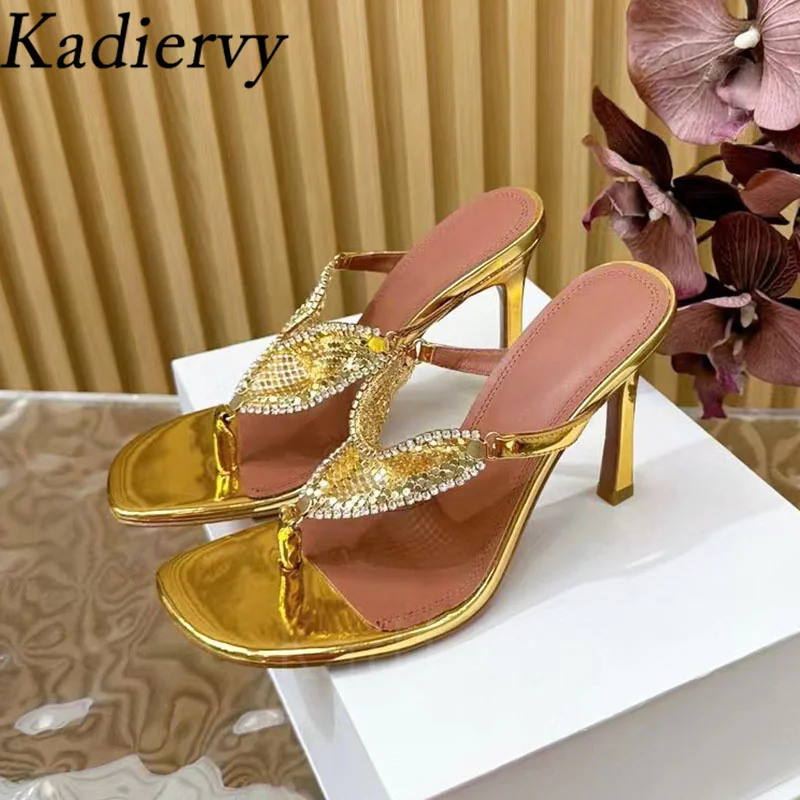 Rhinestone Slippers Woman Flip Flops High Heels Party Dress Shoes Woman Summer Slides Stiletto Crystal Bling Sandals For Women