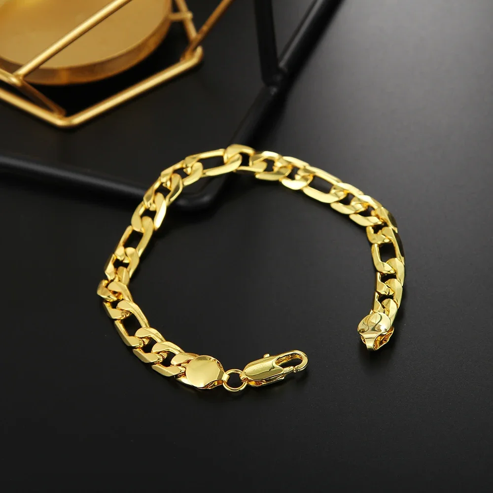 ALIZERO 8 Inch 925 Sterling Silver 8MM Gold/Silver Full Side Figaro Chain Bracelet For Woman Man Fashion Wedding Jewelry Gift