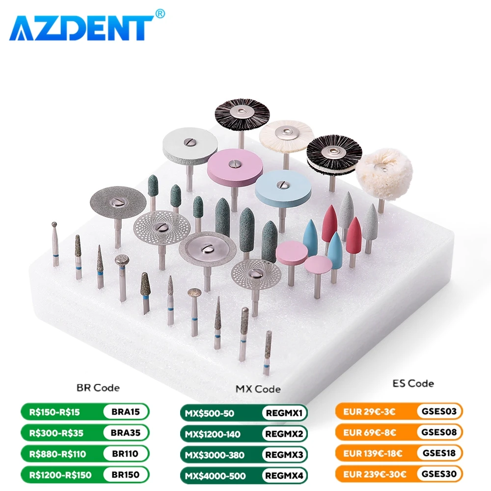 35PCS/Set Dental Lab HP Polishing Kit AZDENT 2.35mm for Grinding Ceramics Porcelain Low Speed Polisher Brushes Diamond Burs Disc