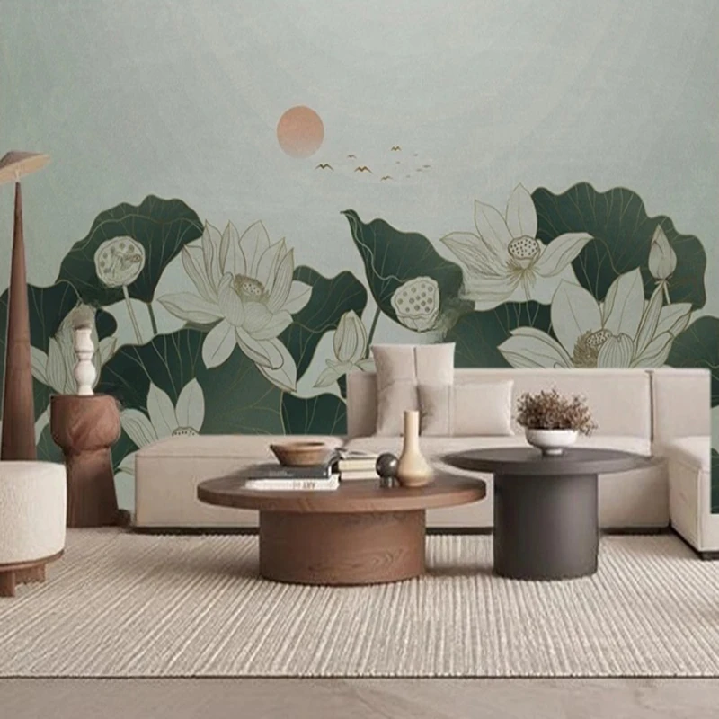 

MU8636 New Chinese-style abstract line landscape lotus flower TV sofa background wall painting