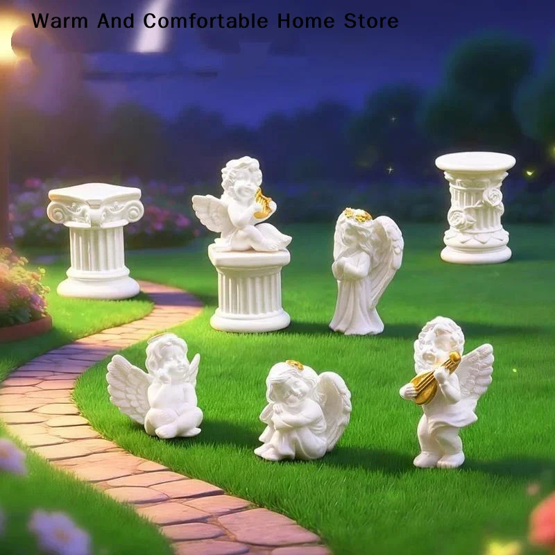 【W】Mini Resin Angel Figurine With Adorable Golden Details And Roman Pillars Perfect For Garden Patio Desktop Home Decor