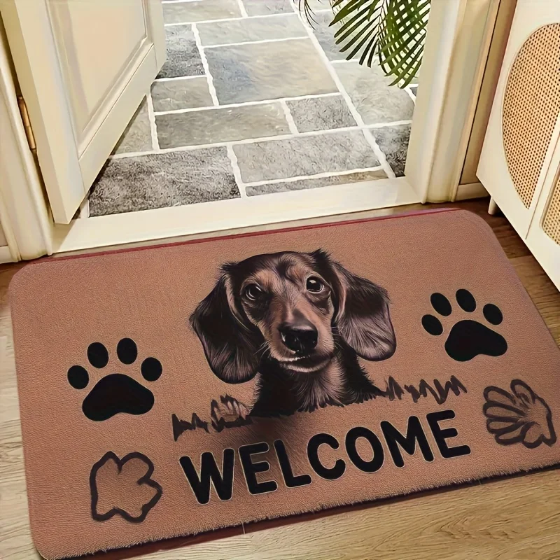 Vintage Wiener Dog Portrait Doormat  Black Paw Pattern Sweet Pet Themed Front Porch Entrance Welcome Decor Mat
