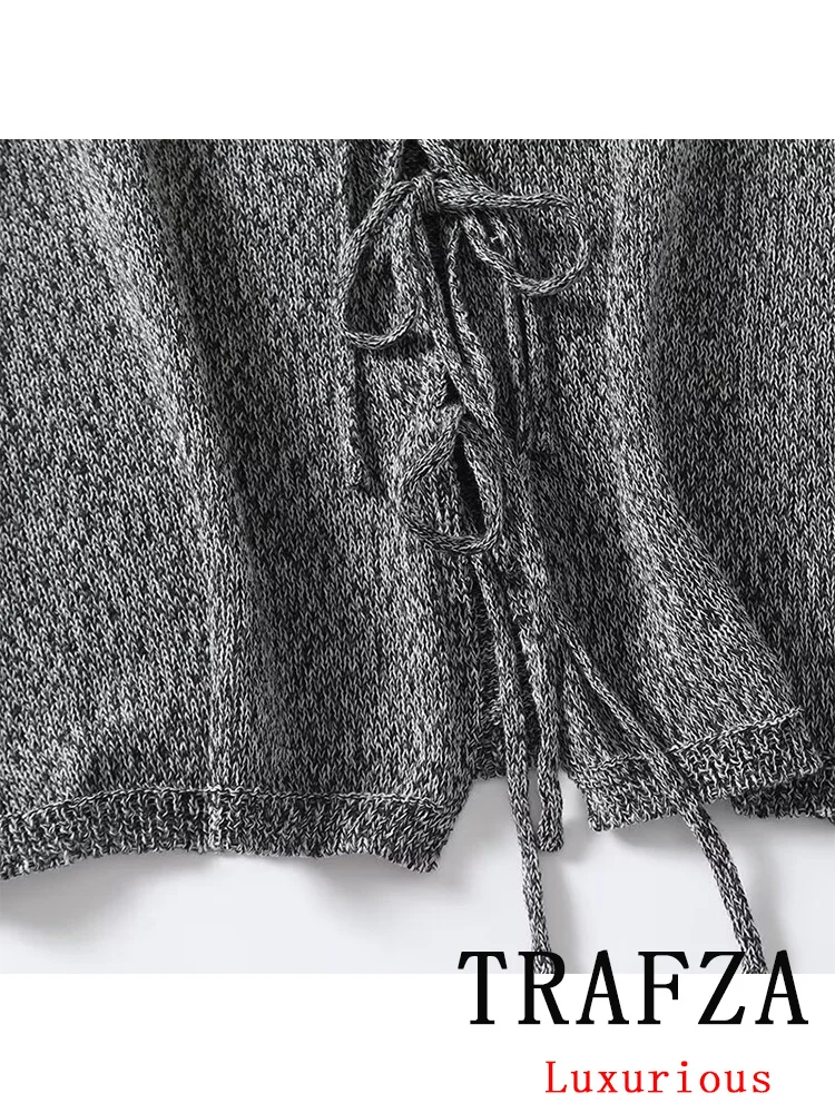 TRAFZA Vintage Chic Women Suit Gray Solid V-Neck Lace-up Sleeveless Vest Long Skirt New Fashion 2024 Autumn Holiday Female Suit