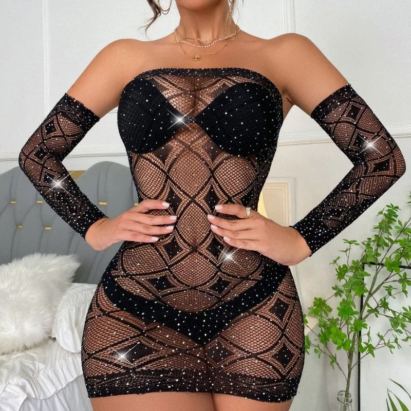 

European and American Women's Hot Stamping Lingerie with Sparkling Starry Diamonds Sexy Hip Hugging Skirt Sleeves Mesh Clothes