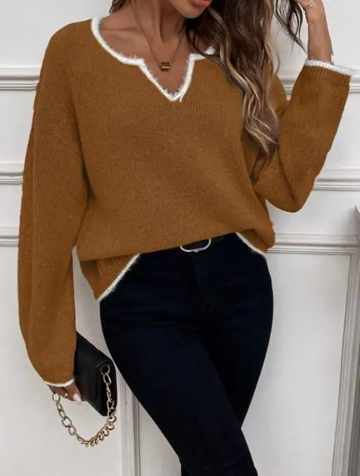 

Женский модный свитер в белую полоску с v-образным вырезом, весенне-осенняя женская повседневная одежда, женский повседневный вязаный топ с длинными рукавами