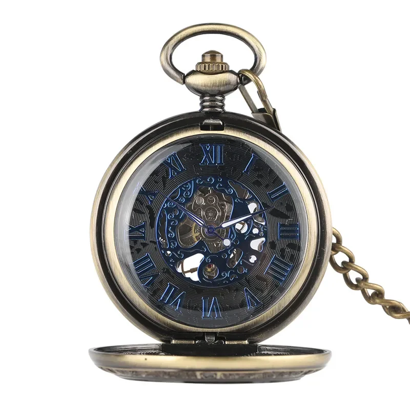 Vintage Hand Winding Mechanical Pocket Watch Transparent Half Hunter Case Roman Number Display Watches for Men Women with Chain