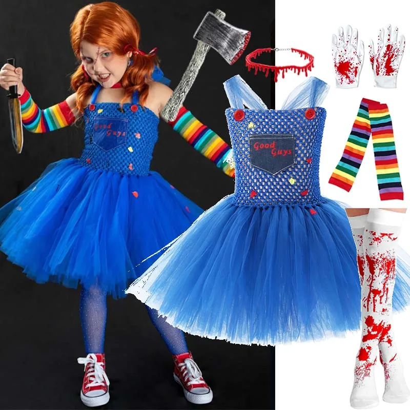 Girls Scary Doll Chucky Cosplay Tutu Dress Good Guys Halloween Costume For Masquerade Birthday Party Kids Role Play Fancy Outfit