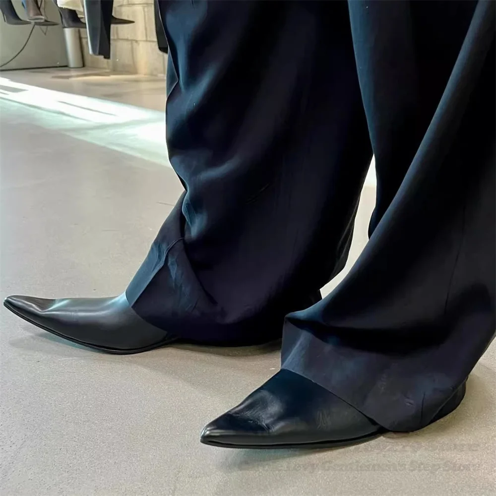 

Black Pointed Subway Loafers Men Soft Leather Thick Sole Wedge Heels Dark Style Upturned Small Leather Shoes Autumn Casual Shoes