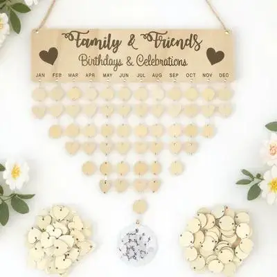 1 conjunto de calendário de suspensão de madeira, placa de lembrete diy com 50 pingentes redondos de 50 coração, decoração de casa, planejador de aniversário de madeira, suspensão de parede