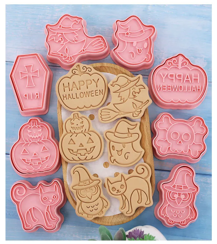 Halloween Cookies Cutters Cartoon Kürbis Pressbare Keks Form Kunststoff Süßwaren Fondant Cookie Stempel Backen Gebäck Werkzeuge – Detail 8
