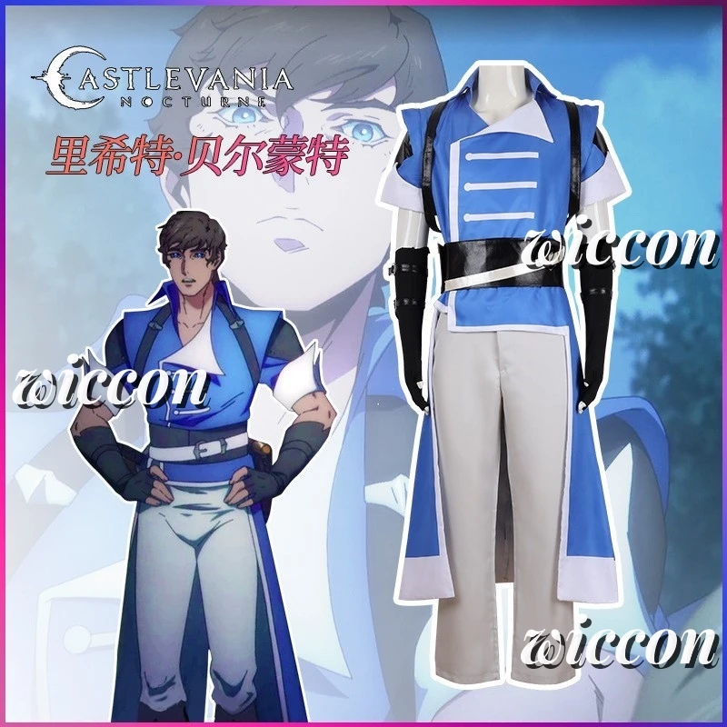 Game Richter Belmont Cosplay Costume Blue Battle Suit Men's Richter Blue Jacket Pants With Gloves Full Set For Halloween