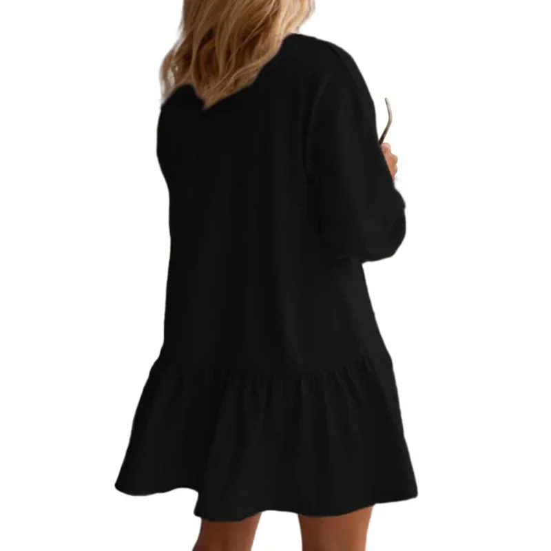 Autumn Independent Station Womens Casual Round Neck Solid Color Long Sleeve Loose Pullover Dress