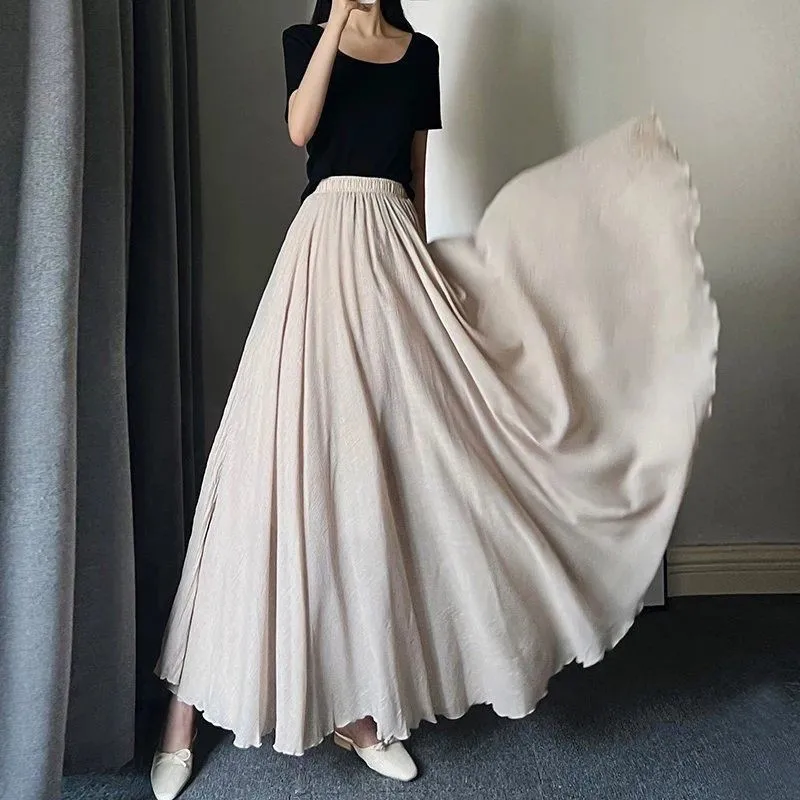 Double Layered Skirt High Waist Ankle Length Women A-line Skirt Vintage New Summer Style Elegant Simple Solid Color Women Skirt