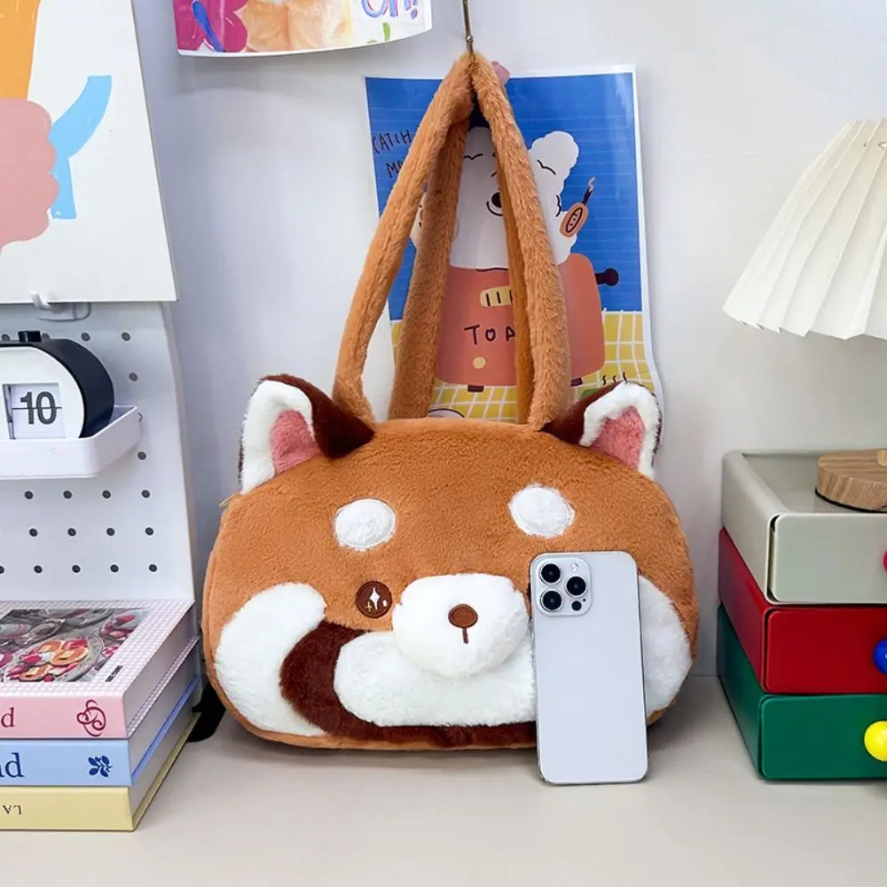 

Lovely Large Capacity Red Panda Bag Cute Stuffed Animal Shoulder Bag Soft Embroidery Red Panda Handbag