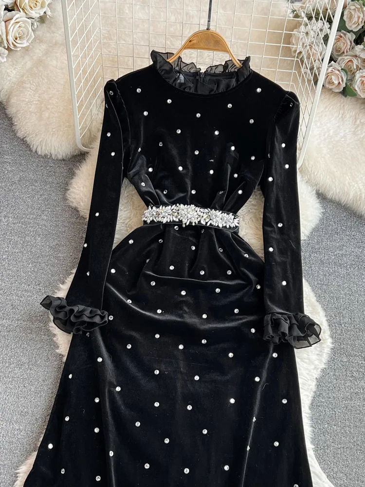 EWQ Sweet Style Women\'s Dress Flare Long Sleeve Diamond Stand Velvet High Waist A-line Dresses Autumn Winter 2023 New 27SN4592