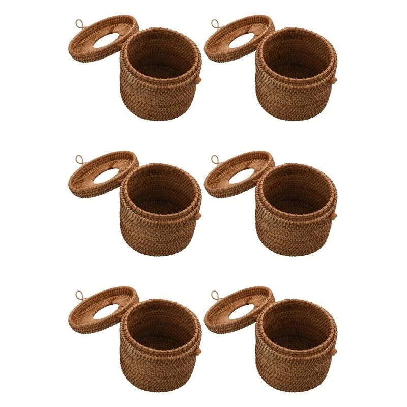ABNM 6X Round Rattan Tissue Box Vine Roll Holder Toilet Paper Cover Dispenser For Barthroom,Home,Hotel And Office