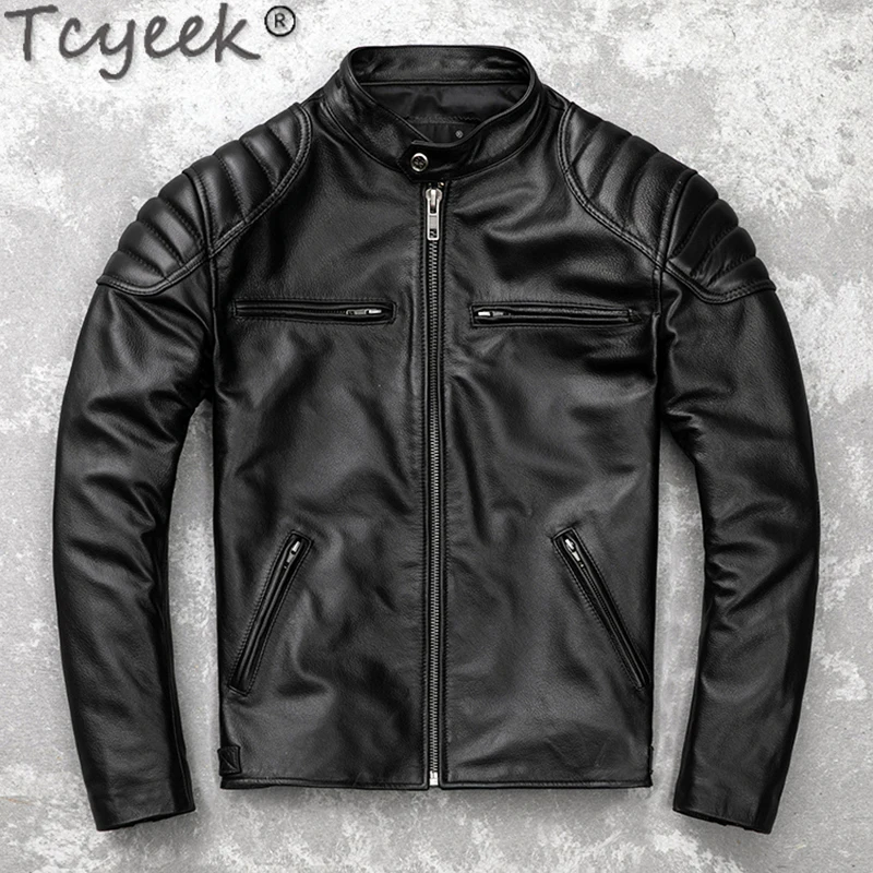 Tcyeek Genuine Leather Jacket Men Motocycle Jacket Top Layer Cowhide Coats Male Autumn Leather Coat Stand Collar Jaqueta Couro