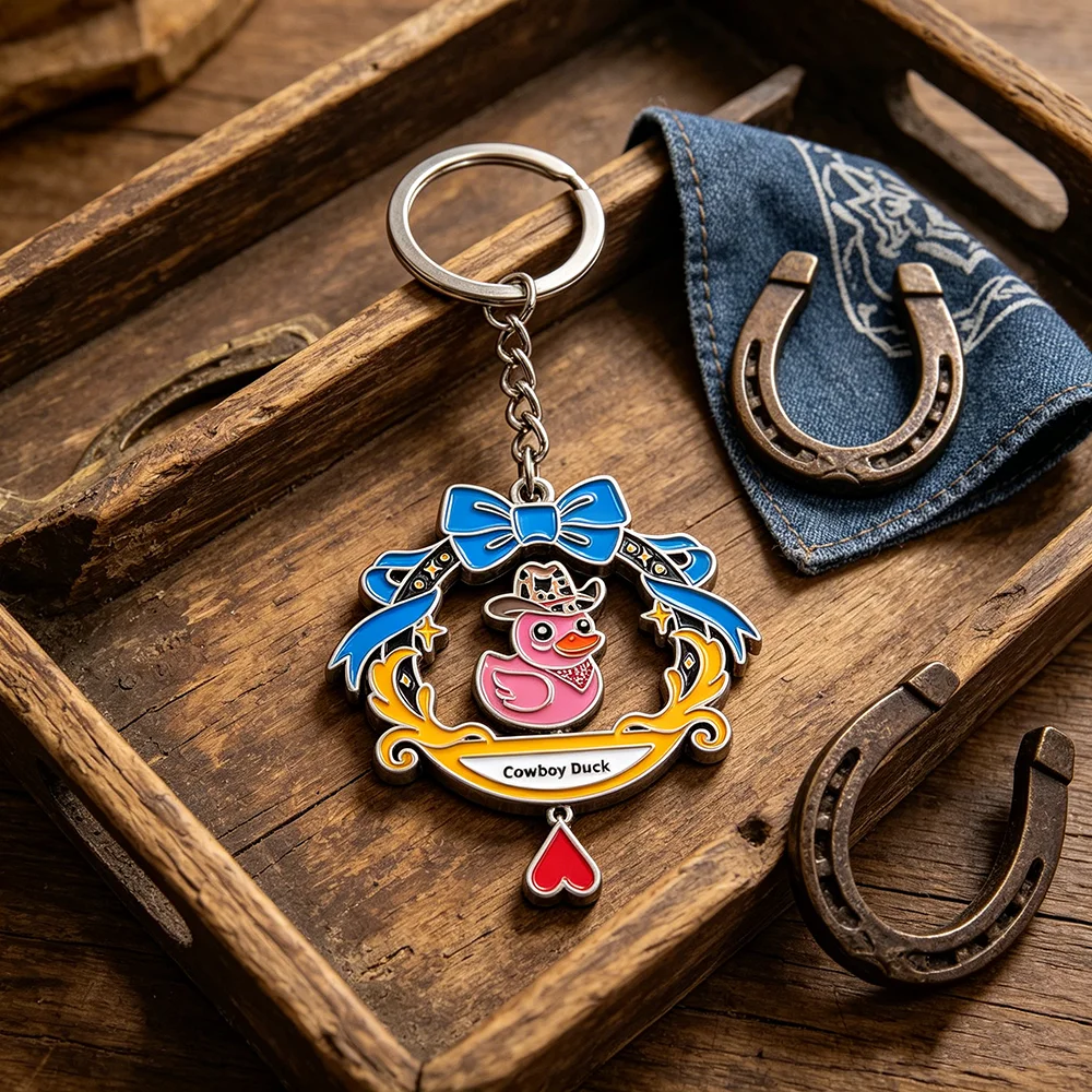 Lustiger rotierender Cowboy-Enten-Schlüsselanhänger, doppelseitig drehbarer rosa Enten-Schlüsselring, Kawaii-Tier-Metallanhänger, Schmuck für Rucksack und Tasche – Detail 11