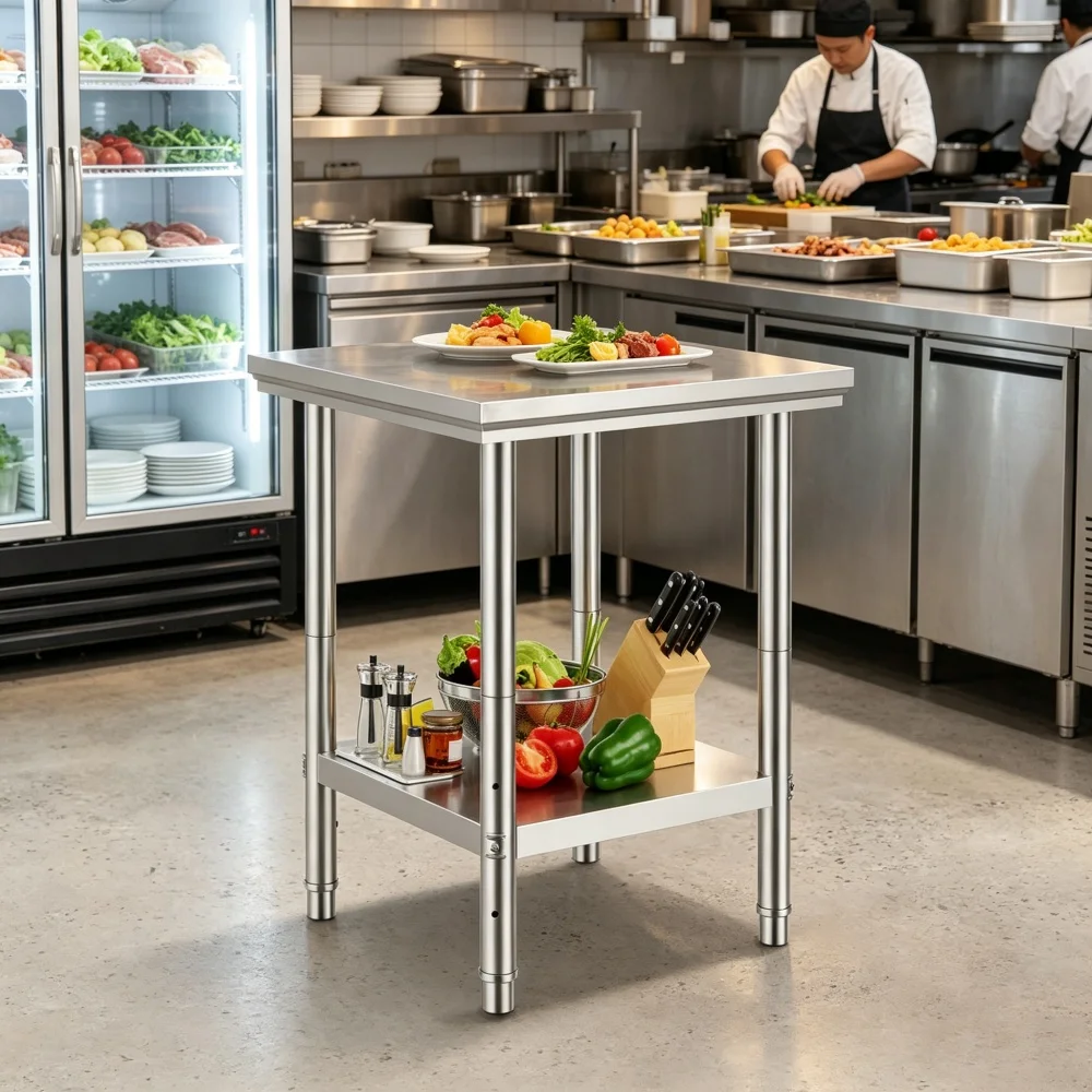 Stainless Steel Metal Worktable with Lower Shelf, Adjustable Legs Square Work Bench, Heavy‑Duty Kitchen Prep Workstation Table for Garage Workshop Commercial Kitchen Utility Use