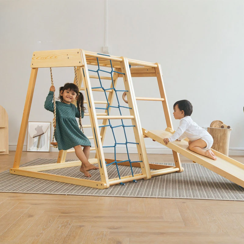 

Montessori Children Indoor Wooden Climbing Frame and Swing Triangle With Slide