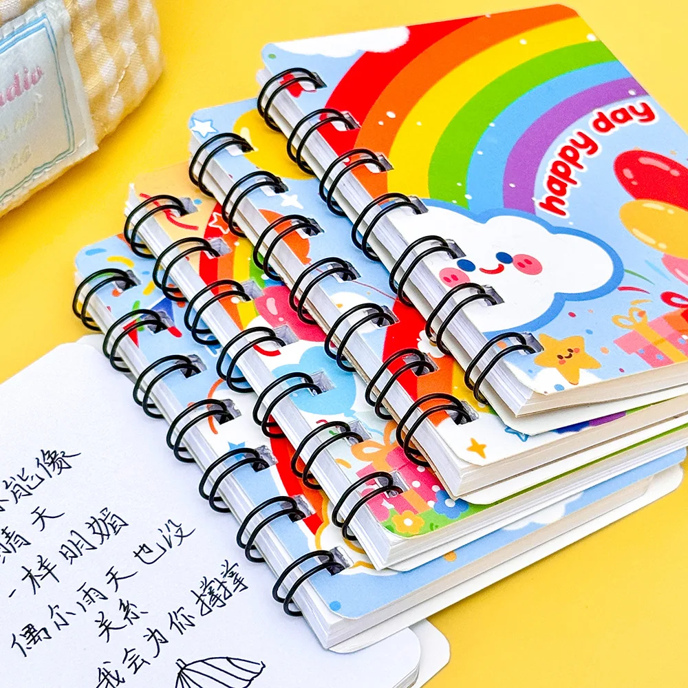 4pcs/set Random Designs A7 Cute Rainbow Mini Spiral Notebooks Happy Day Balloon Pattern Pocket Journal Notepads Stationery Gift