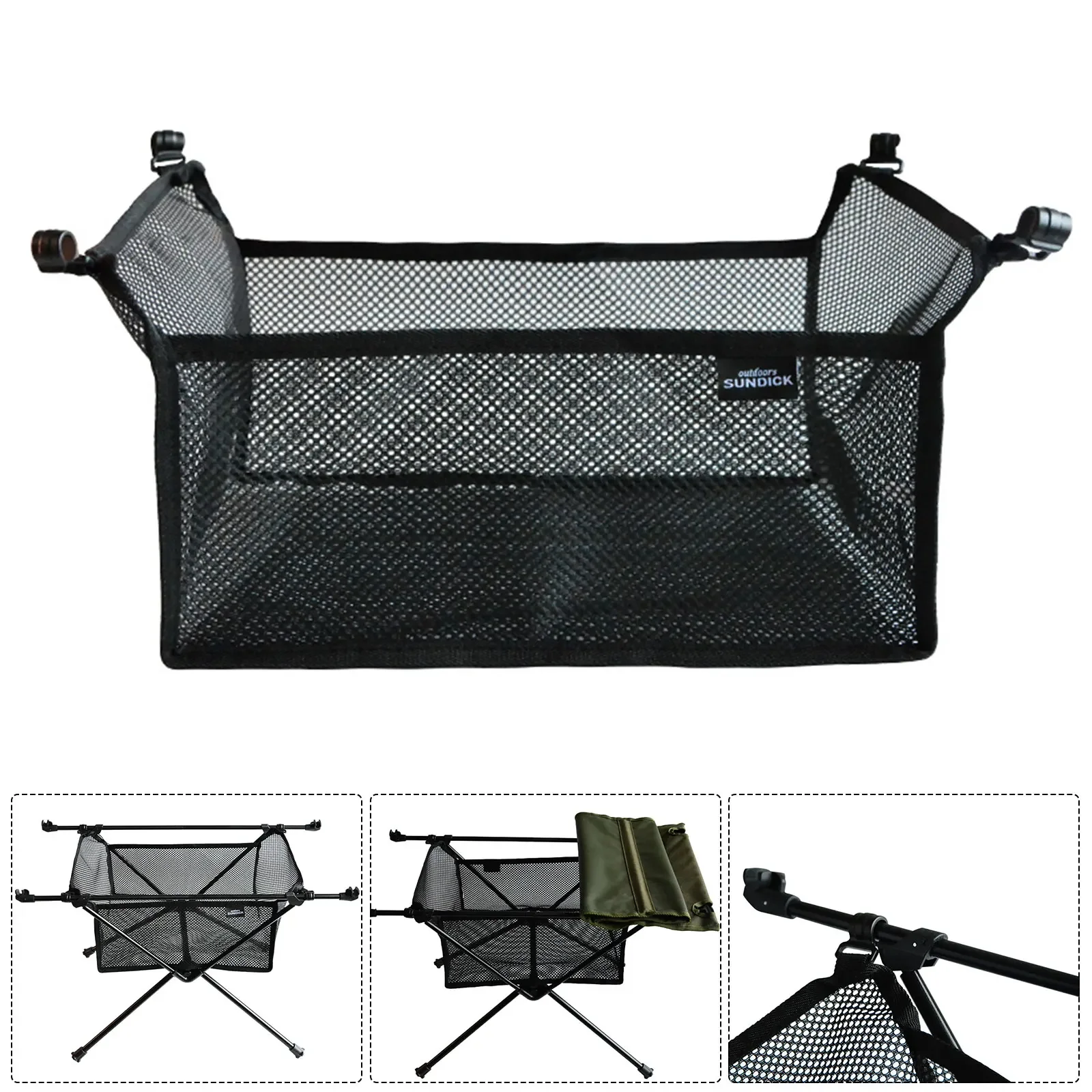 Camping Table Hanging Net Basket Folding Table Storage Rack Portable Mesh Bag Hook Holder for Outdoors Picnic Cookware Organizer