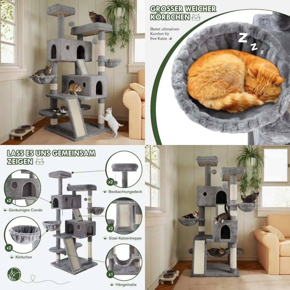 

Большая домашняя башня для кошачьего дерева с несколькими уровнями, плюшевыми жердочками, сизалевыми стойками и гамаком для больших кошачьих кошек.