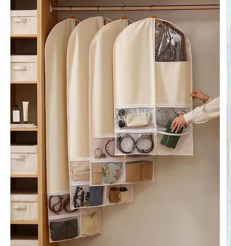

Breathable Non-woven Fabric Suit Dress Dust Cover With Transparent Pockets Beige Grey Black Closet Hanging Garment Storage Bags