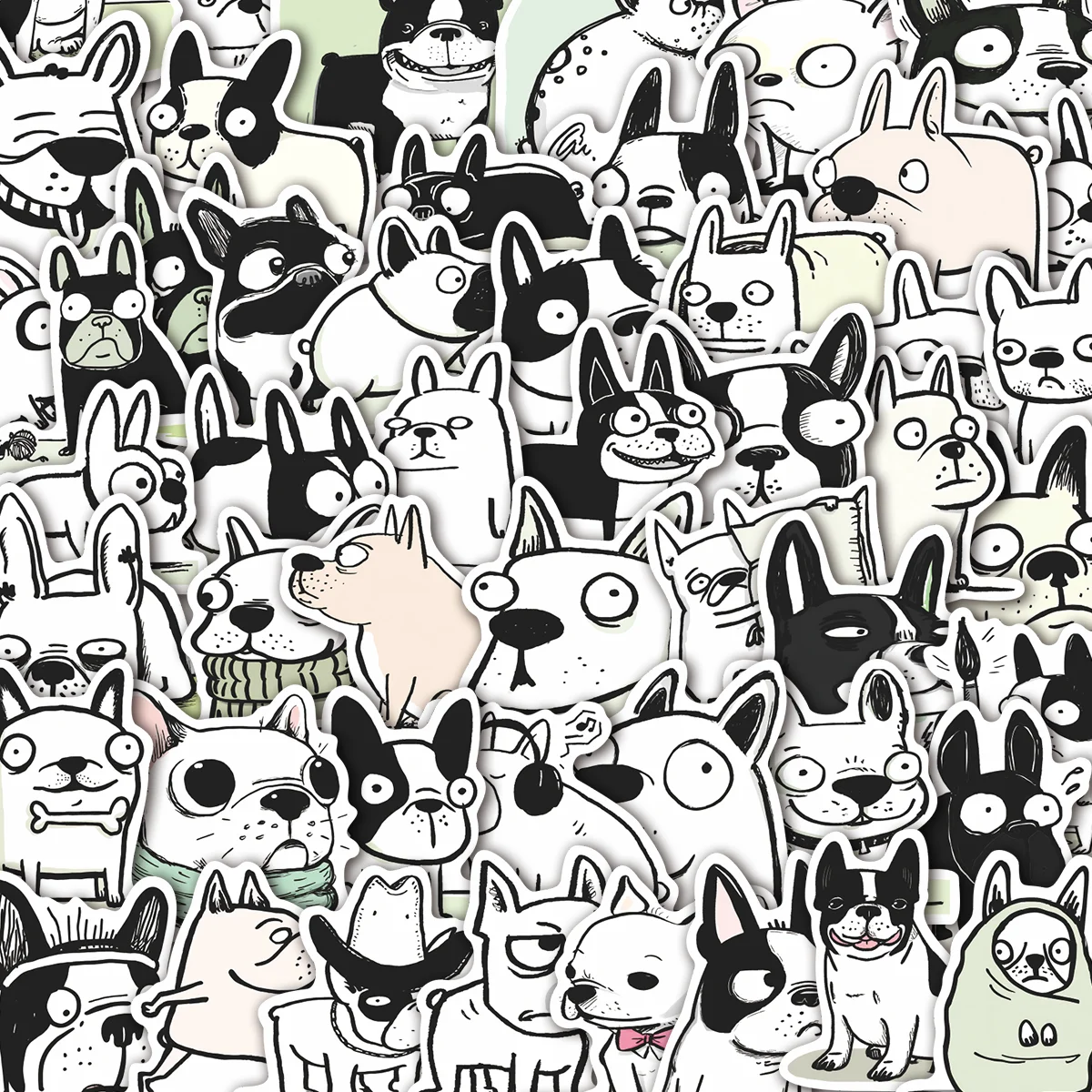 50pcs Black White French Bulldog Vinyl Stickers | Whimsical Frenchie Healing Decals for Laptop, Water Bottle & Gift, Dog Lovers