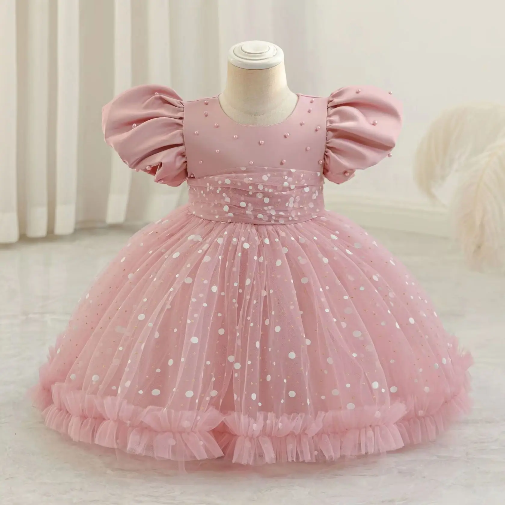 Dot Print Tulle Flower Girl Dresses For Christmas Puffy Cute Baby Birthday Party Dress Kids Clothes Ball Gowns