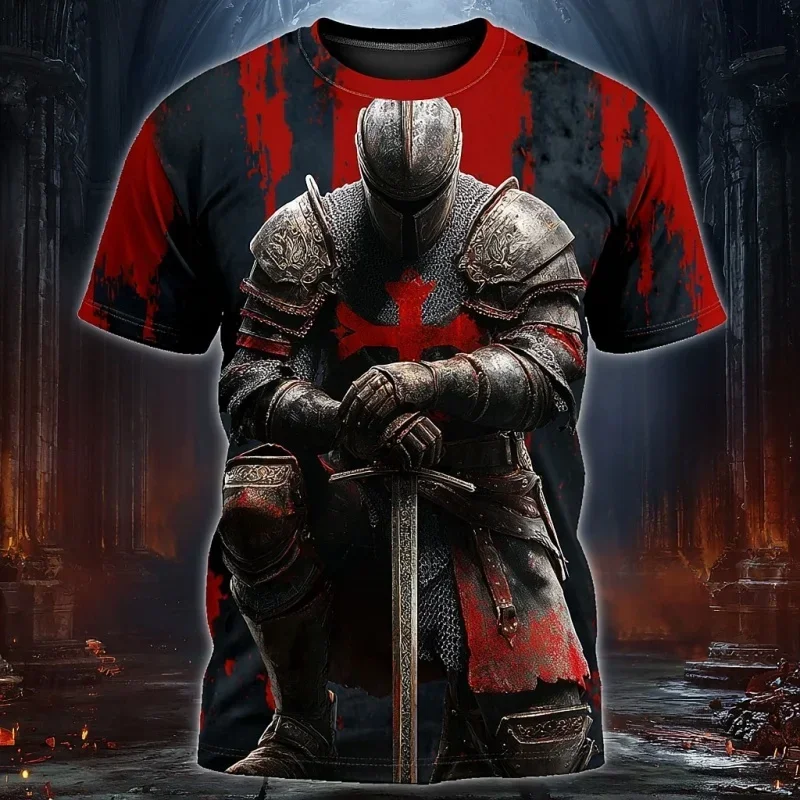 Herren-T-Shirt mit 3D-Druck im Templer-Ritter-Design, Schwarz-Weiß mit Rotem Kreuz, Lässiges Kurzarm-Übergrößen-Streetwear-Shirt – Detail 12