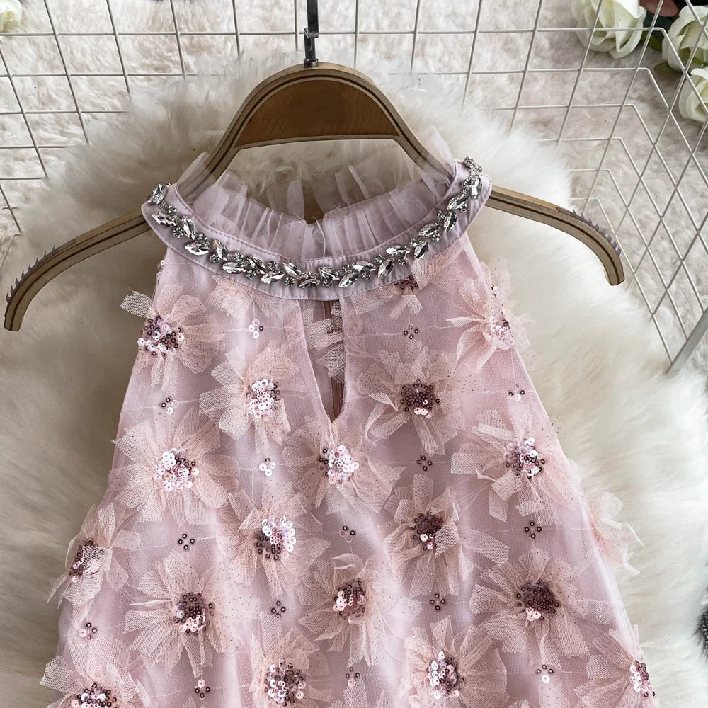 فستان نسائي أنيق مكشكش مزين بالترتر من Clothland مطرز بالألماس فساتين قصيرة شبكية على شكل زهرة لامعة Vestido Mujer QE040 #3
