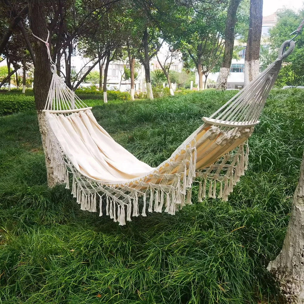 2 Person Outdoor Camping High Load Bearing Hammock Tassel Canvas Garden Swing Chair Beige Canvas Hammock ,290x180cm