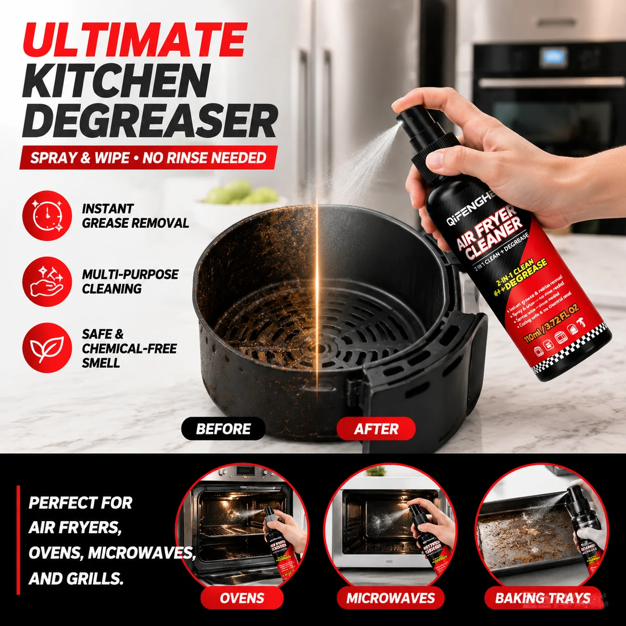 Air Fryer Cleaner Degreaser 2-in-1 Clean & Lubricate Removes Grease Burnt Food Residue Safe for Non-Stick Coating Oven Rack