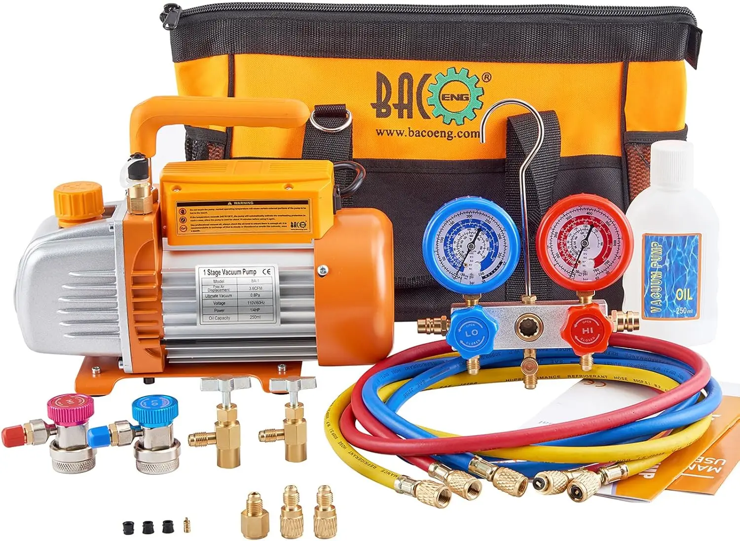 

3.6CFM 1/4HP AC Vacuum Pump and Manifold Gauge Set for R134a R12 R410a HVAC Air Conditioning Refrigeration, Includes Can Tap