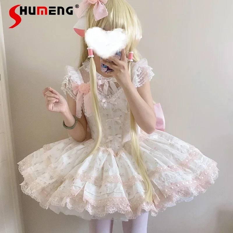 Damska Urocza Sukienka Lolita na Ramiączkach z Koronkowym Wykończeniem i Kokardą, Słodka Sukienka JSK z Przezroczystą Siateczkową Koszulą, Wyszczuplająca Sukienka Księżniczki dla Dziewcząt na Lato